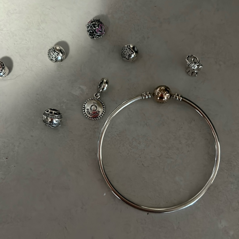 Sterling silver bracelet with rose gold plated clasp and seven charms